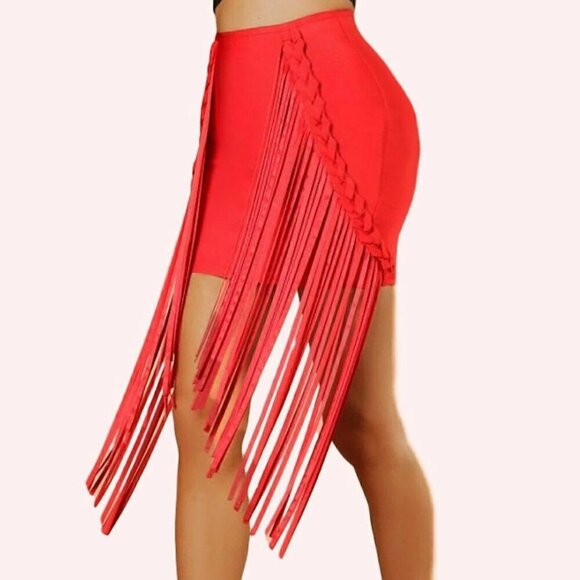 CRIMSON RED BODY-CON BANDAGE FRINGE MINI SKIRT - Picture 5 of 8